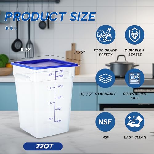 4 Pack 22QT Square Food Storage Containers with Lids | Clear NSF polycarbonate containers with scale, label and measuring cup, stackable for prep, storage, freezer. Dishwasher safe - color: 22Qt-New Version
