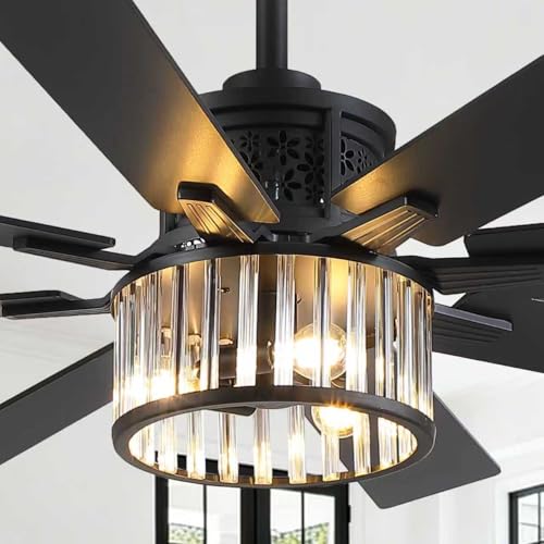 NKPU 52 Inch Farmhouse Crystal Ceiling Fans with Lights and Remote, Chandelier Industrial Ceiling Fan with Dual 8 Blades, 6 Speed Reversible Motor, Timing, Black Ceiling Fan for Living room Bedroom - color: Black-288