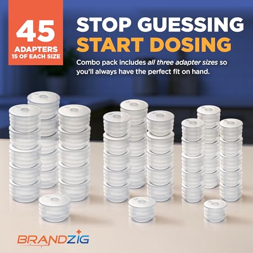 Medicine Bottle Syringe Adapter For Oral Dispensers 45 Pieces 3 Sizes (15 each size) | Press In Bottle Adapter for Liquid Medication | Only Fits Brandzig 1ml, 3ml, 5ml & 10ml Syringes