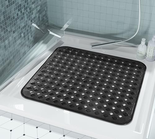 Yimobra Square Shower Mat Non Slip, Super Strong Suction Cups, 21"X21" Bath Tub Mat with Drain Holes, Machine Washable Fast Draining Bath Mats, Bathroom Essentials,Black - color: Black, size: 21 X 21 Inch