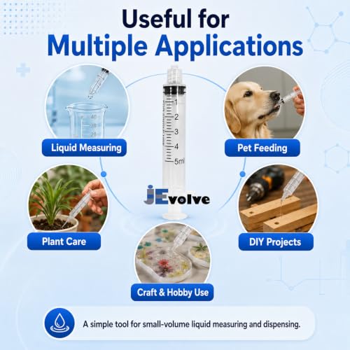 100 PCs Dental Grade 5ml Syringe Without Needle by JEVOLVE | Clear Rubber Head Non Sterile Syringes Perfect for Scientific Labs, Industrial Art & Crafts