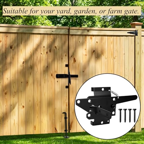 Tebery Self-Locking Gate Latch Heavy Duty, Automatic Post Mount Door Gate Lock for Fence, Weatherproof Steel Yard Gates Latch Hardware for Garden, Barn, Farm, Outdoor Fences, Black