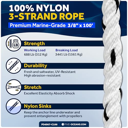 Five Oceans Anchor Line 3/8" x 100', Anchor Rope Line, Marine Premium 3-Strand White Nylon Boat Anchor Rope - Stainless Steel Thimble and Shackle, Ideal for Mooring Anchoring Towing - FO4567-C100 - style: 3/8 inch x 100 ft
