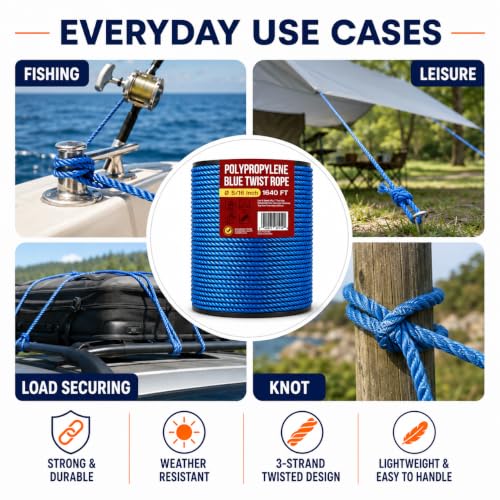 Heavy Duty PP/Polyester/Nylon Rope on Spool, Blue, 5/16inX1640FT | Weather-Resistant & Waterproof for Pool, Marine, Boating, Camping, Household, Towing, Construction & Rigging Applications - color: Blue, size: 5/16in X 1640FT