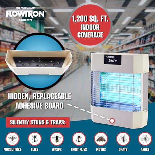 Flowtron Indoor Fly Stun Unit, 80W UV, Pheromone Lure, 1200 Sq Ft | Wall-mount fly trap for restaurants, barns, and kitchens; sticky board catches insects with no sound or smell.