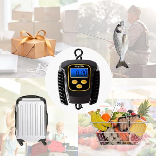 Fish Scale 110lbs/50kg Waterproof Hanging Fishing Portable Weight Scale | Strong Hook Scale, Back-lit LCD Display, Digital Spring Balance, Folding Handles, Luggage Weighing, Fishing Gift for Men