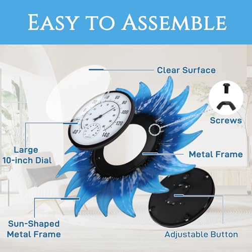 Outdoor Thermometer, Large Thermometer Outdoor Waterproof, Flowers Decorative Outdoor Thermometers for Patio, Outside Thermometer with Humidity - color: Blue