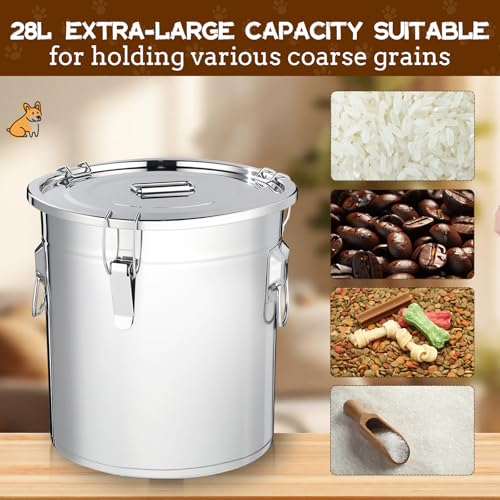 Lounsweer 2 Pack 8.9 Gal Stainless Steel Dog Food Storage Container with Lid and Locking Clamp 33 L Metal Airtight Container Large Stainless Steel Bucket with Food Scoop for Pet Feed - size: 33 L