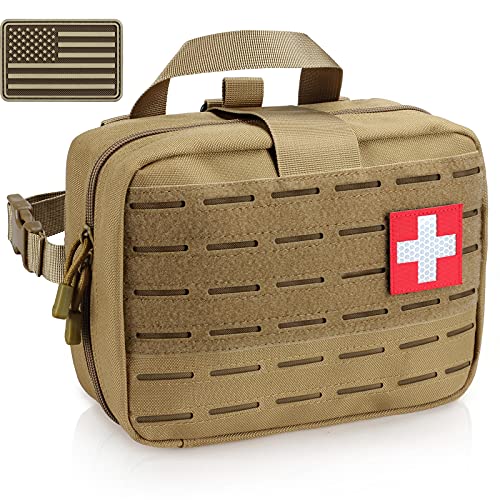 LIVANS Medical Bag, First Aid Bag Empty for Emergency & Trauma Kits | Molle Quick Release Design, Headrest Mount, Includes Flag and Cross Patch,Versatile for Tactical, Camping, Hiking and Travel - color: Khaki
