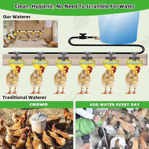 Complete Set Pipeline Automatic Chicken Waterer System, Innovative Quick-Connect Water System with Large Size Water Cups Removable and Washable, 21ft Pipeline and Float Valve (Yellow, 10Cups) - size: 10Cups
