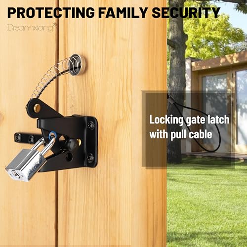 Self Locking Gate Latches with Spring Cable Pull, Post Mount Automatic Gravity Lever Gate Fence Door Lock for Wooden Fence/Vinyl Door/Aluminum Gate, 1 Pack