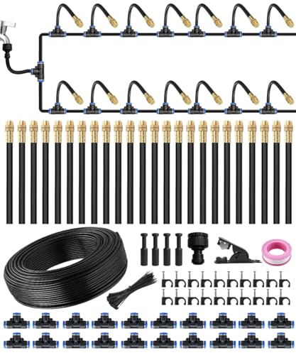 32FT 5/16" Misting Irrigation System for Garden with 10 Adjustable Nozzles | 360° Bendable Copper Nozzles, Quick Connect, Steady Flow, UV-Resistant PE Tubing & Accessories, Garden Beds& Greenhouse - size: 32 FT+10 Nozzles