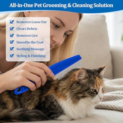 6 Pack Pet Grooming Combs, Stainless Steel Dog and Cat Grooming Combs with Rounded Teeth, Double-Sided Professional Pet Tear Stain Remover for Small, Medium, and Large Pets (Blue) - style: Blue