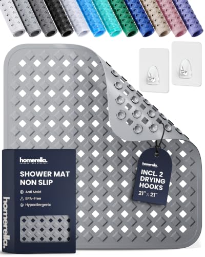 homerella Square Shower Mat Non Slip Anti Mold 21x21 Anti Slip Shower Mat | 100% BPA Free, Mildew Resistant, Machine Washable, Shower Mats for Inside Shower, Shower Floor Mat Mat Non Slip EU Certified - color: Grey