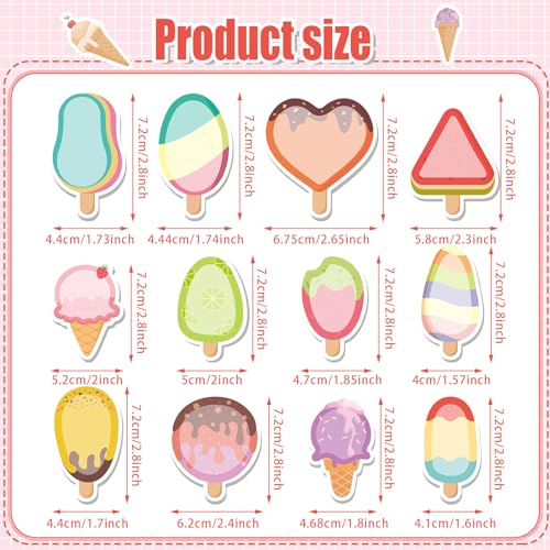 Yinder 24 Pads Ice Cream Sticky Notes Cute Kawaii Cartoon Self Adhesive | Bulk Memo Pads for Back to School Gift, Office Veterinary Supplies, Party Favors, Colorful Heart Triangle Shapes - style: Ice Cream