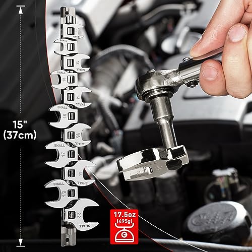 SHALL 3/8" Crows Foot Wrench Set, 11-Piece Metric Crowfoot Wrench Set with Clip-on Organizer, 10-22mm, Tools for Mechanics, Access Fasteners in Tight Spaces - size: 10 - 22 mm