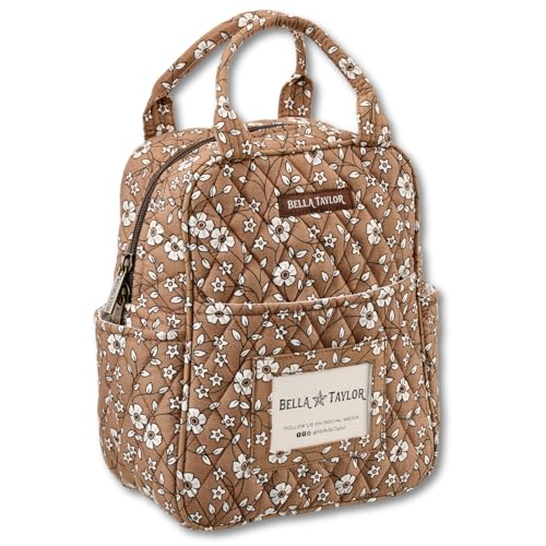Bella Taylor Lunch Tote, Quilted Lunch Bag, Vintage Vine Brown | Lightweight quilted cotton lunch box, easy-to-clean PEVA lining, 3 outside/1 inside pocket, durable construction - color: Vintage Vine Brown