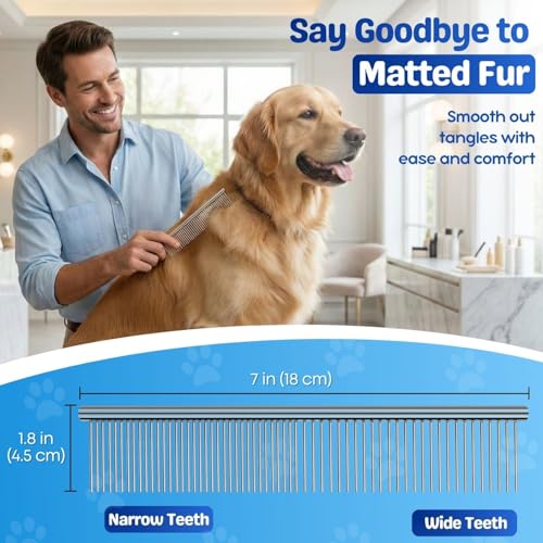 Flexzion Dog Comb, Stainless Steel Grooming Tool, 7 Inch, 45mm Teeth | Metal Comb for Dogs and Cats with Wide and Narrow Rounded Teeth to Detangle Knots and Remove Loose Hair From Medium Coats - size: Large (45mm)