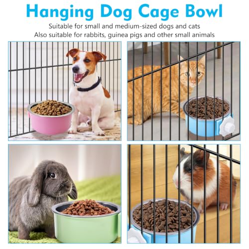 kathson Crate Dog Bowl, Removable Stainless Steel Hanging Pet Cage Bowl Food & Water Feeder Coop Cup for Cat, Puppy, Birds, Rats, Guinea Pigs (3 PCS, Size: L, Blue, Green, Pink) - color: Size: L (Blue, Green, Pink), size: 3 PCS