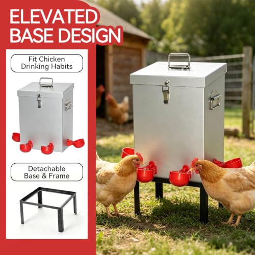 3 Gal Galvanized Steel Poultry Waterer, Automatic Poultry Waterer | Chicken Waterer with 4 Water Cups, Reinforced Base & Secure Latch, Heavy Duty Watering System for Backyard Chickens Ducks