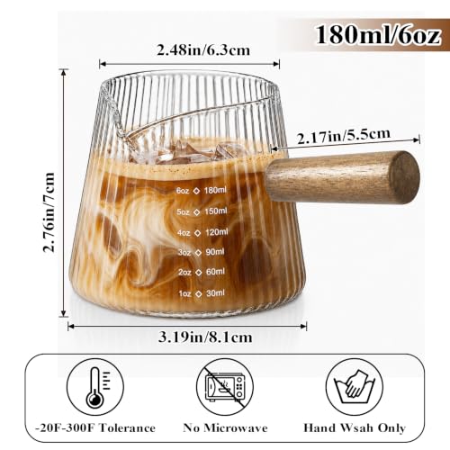 6OZ Espresso Shot Glass Cups Coffee Measuring Cup Coffee Bar Accessories | With wood handle, V-shaped, spout ribbed milk frothing pitcher spouts cup for coffee milk sauce