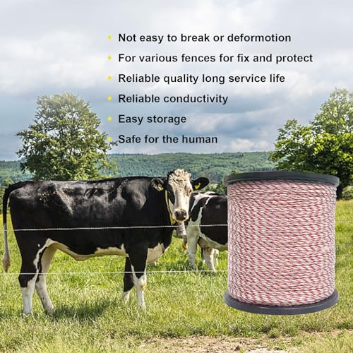 Fence Rope,Upgraded Electric Fence Polywire,6 Stainless Steel Strands for Reliable Conductivity and Rust Resistance UV Resistant,3366 Feet/1026 Meters,Red and White Color - size: 3366Feet