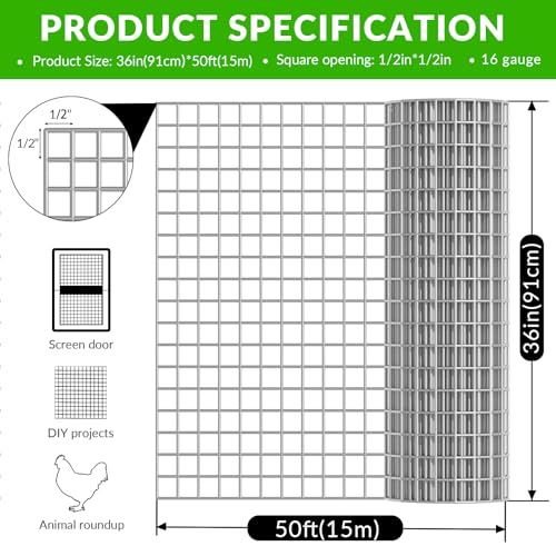 Welded Wire Fence 1/2‘’x 1/2‘’ 36in x 50 ft,Vinyl Coated Welded Wire Mesh Roll,16GA Heavy Duty Galvanized Chicken Wire Fencing, Hardware Cloth for Yard Vegetable Protection Goat & Poultry Netting - size: 1/2‘’x 1/2‘’ 36in x 50 ft