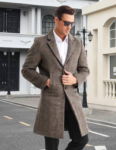 BOJIN Mens Trench Coat Wool Blend Top Pea Coat Winter Long Single Breasted Classic Stylish Business Overcoat - color: Bj03 Brown Plaid, size: XX-Large