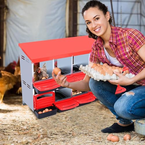 10-Compartment Chicken Nesting Box, Heavy Duty Galvanized Steel Poultry Nest Box, Wall Mount/Freestanding Design for Hens, Ducks, Backyard Homesteads & Farm Use, Red, No Stand - color: Red, size: 10 Room