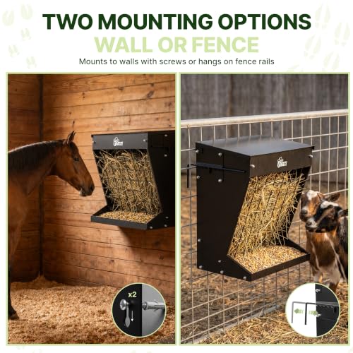 Wall Mount Hay Rack And Hay Feeder For Goats Sheep And Horses, Covered Galvanized Steel Goat Hay Feeder With Hinged Roof, 25 Gallon 2-In-1 No Waste Hanging Holder Grain Bin with hook For Cattle - color: Black