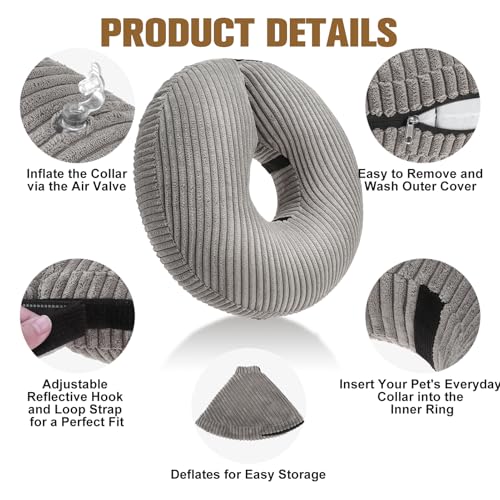 BINGPET Inflatable Dog Cone Collar,Dog Neck Donut Alternative After Surgery | Soft Cone for Large Medium Small Dogs Cats, Recovery E Collar to Stop Licking Pets from Injury, Lightweight Breathable Cotton - color: Grey, size: New M(Neck: 13"-15" | Diameter
