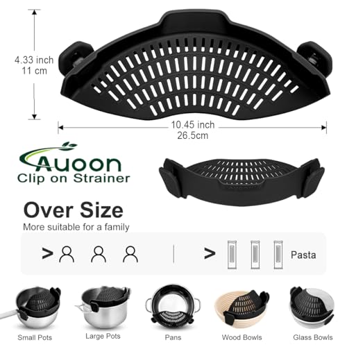 AUOON Pot Strainer Clip on Silicone, Large 10.45 x 4.33 in, Black | Fits Pots Pans Bowls, Dishwasher Safe, for Pasta Noodles Vegetable Fruits, Space-saving Kitchen Gadget - color: Black, size: Large 10.45 x 4.33 in