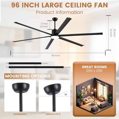 Newday 96Inch Large Industrial Ceiling Fan with Light Remote, Reversible DC | 11500 CFM HVLS, 6 aluminum blades, heavy-duty airflow, large space cooling for commercial shop, barn, patio - size: 96 Inch