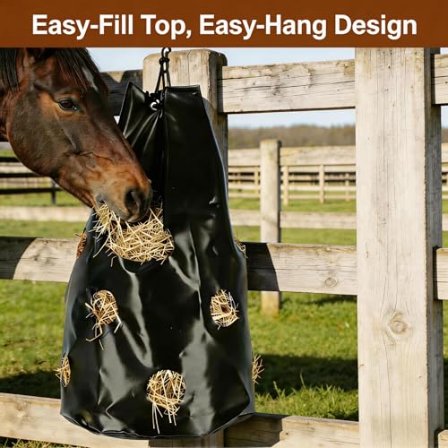 Hay Bag for Horses, Rugged Slow Feed Hay Bags for Goats,Sheep,Donkey,Cows, Alpacas and Ostriches, Premium PVC Waterproof Horse Feeder with 9 Holes,Tear-Resistant, Easy to Fill, Large Opening