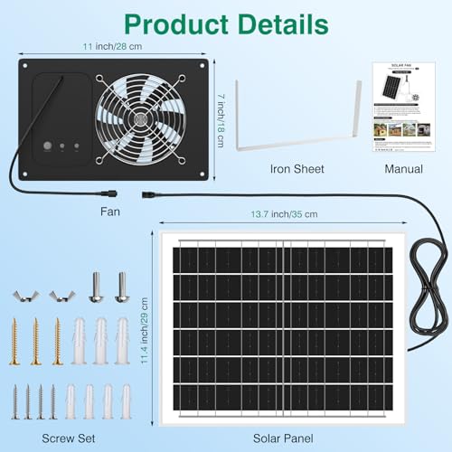 Solar Fan with Battery & Timer for Chicken Coop, Greenhouse & Shed | 25W 3500RPM High-Speed Solar Exhaust Fan, Low Noise Waterproof Solar Powered Fan for Outdoor - size: 11 inches