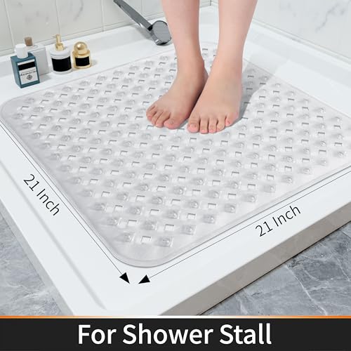 Yimobra Square Shower Mat Non Slip, Super Strong Suction Cups, 21"X21" Bath Tub Mat with Drain Holes, Machine Washable Fast Draining Bath Mats, Bathroom Essentials,Clear - color: Clear, size: 21 X 21 Inch