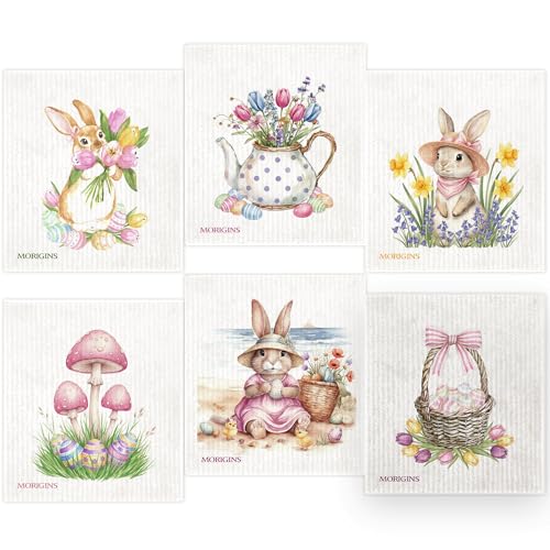 Swedish Kitchen Cloth Easter Beach Bunny Eggs 7x8inch Reusable Absorbent Towel Ideal for Kitchen & Bathroom Countertop Cleaning Cellulose Sponge Cloth Spring & Summer 6-Piece Set