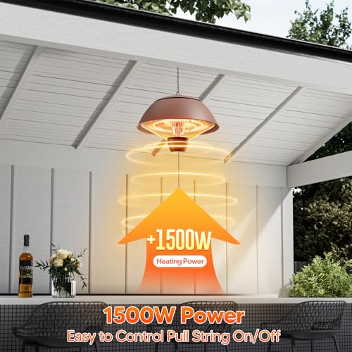 Electric Outdoor Heater, 1500W, Brown | Hanging Ceiling Mounted, Infrared Patio Heater, Waterproof, For Porch, Balcony, Garage, Adjustable Height - color: Brown