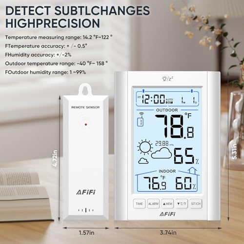 Indoor Outdoor Thermometer Hygrometer Wireless Weather Station - Inside Outside Thermometers Hygrometer Monitor with 330ft Remote Sensor, Battery Powered, Backlight Display (White) - color: White
