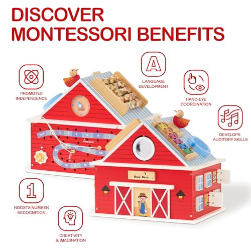 Monläurd® Wooden Activity Cube for Toddlers 1-3, Farm Barn Montessori Busy Board Toy, 12-in-1 Sensory Activity Center for Baby Fine Motor Skills, Large Educational Learning Toy for Boys Girls