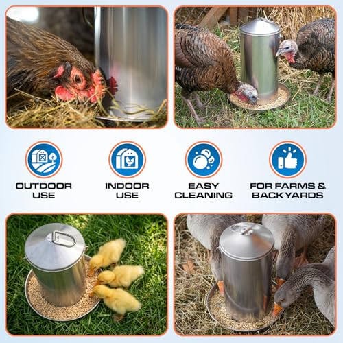 Plexon 8.8 Lb Hanging Chicken Feeder Metal Chicken Feeder with Handle no Waste Food - Stainless Steel - Turkey Duck Poultry Feeder - Heavy Duty Feeding Equipment - Backyard Coop - Large - size: 8.8 LB