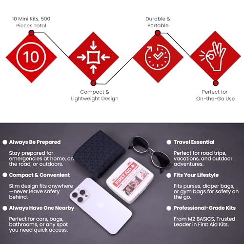 M2 BASICS 10x50 Piece Premium Mini First Aid Kit Bundle, Donation, Travel | 500 Total Pieces Bulk Pack For Charity, Car, Backpack, Office, School, Church, Camping, Family, Friends And Nonprofit