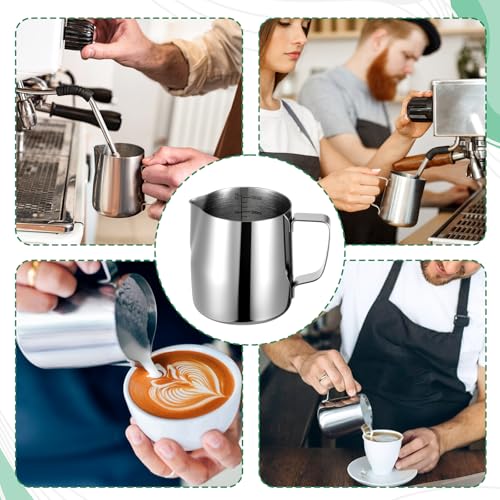 4 Pcs Milk Frothing Pitchers, 12 Oz 304 Stainless Steel Espresso Steaming Pitchers with Measuring Markers, Heat Resistant Rustproof Barista Pitcher Tools for Home, Coffee Shops (Silver)