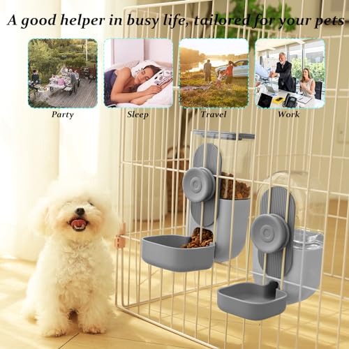 Kenond 35oz Rabbit Feeder,Bunny Water Dispenser,Pet Water Bottle for Cage | Hanging Auto Ferret Food Water Dispenser, Auto Gravity Pet Feeder and Waterer Set, Cage Cat Food Bowl Dog Feeding Station - color: Gray Waterer and Feeder