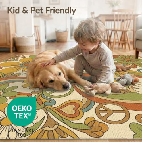 4'x6' Washable Groovy Daisy Accent Rug, Cream Non-Shedding Small Carpet Pet Friendly & Non-Slip for Playroom, Bedroom, Reading Nook | Ref:1969519 - color: Beige/Pattern 27, size: 4' x 6' (Rectangular)