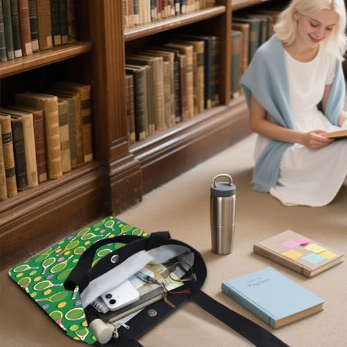 Aesthetic Canvas Tote Bag for Women - with Magnetic Snap Closure & Zipper Inner Pocket Reusable Totes Bag - color: Tennisball1