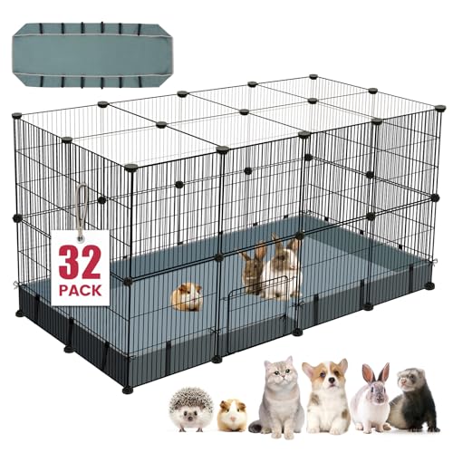 VISCOO 32 Panels Small Animal Playpen,47.5" x 23.7" x 31.5" Pet Playpen | Upgrade Waterproof Mat,Guinea Pigs, Rabbit/Bunny Cage, Bunny/Puppy Play Pen, Indoor Outdoor Portable Metal Fence - color: 47.5"L x 23.7"W x 31.5"H, style: 32 Metal Panels