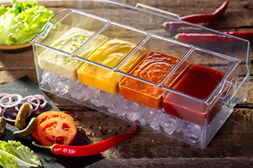 Pikanty Chilled Condiment Server Caddy with Ice Base - 4 Compartments and 4 Serving Tongs Included, Mimosa Bar, Taco Bar, Garnish Tray for Parties, Weddings, BBQs, Dishwasher Safe, Made in USA - style: Condiment Server Caddy on Ice