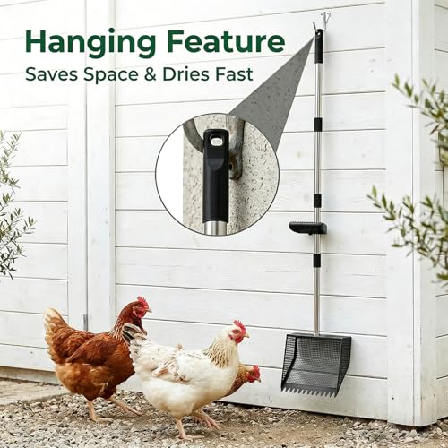 Large Chicken Poop Scooper: 2-in-1 Metal Pooper Scooper & Rake Adjustable 62" Long Handle Stainless Steel Sand Sifting Litter Shovel Chicken Coop Scoop Cleaning for Bedding Goats Farm Yard Black - color: Black