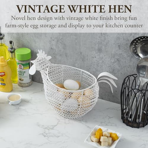 MyGift Modern Matte White Metal Wire Egg Storage Basket in Decorative Chicken Shaped Design, Farmhouse Container for Gathering Fresh Eggs and Easter Decor - color: White